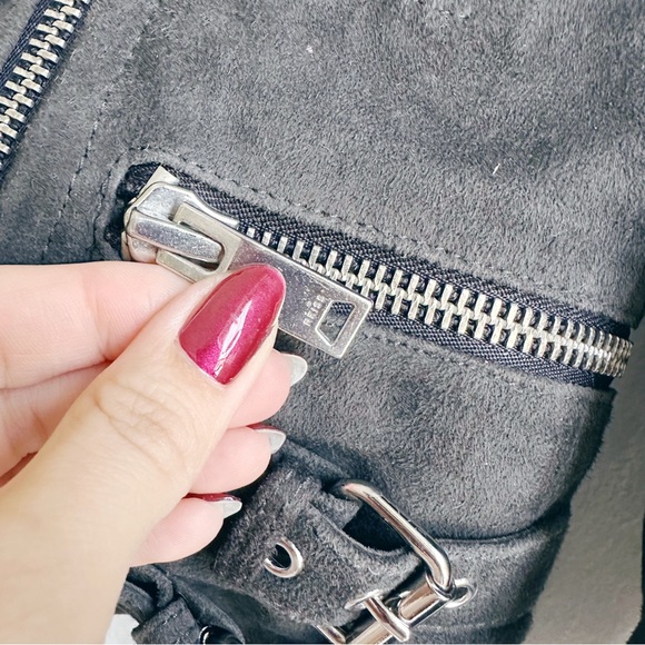 Reiss Charcoal Suede Biker Jacket 100% goat leather soft buckles moto size 4 - Picture 3 of 9